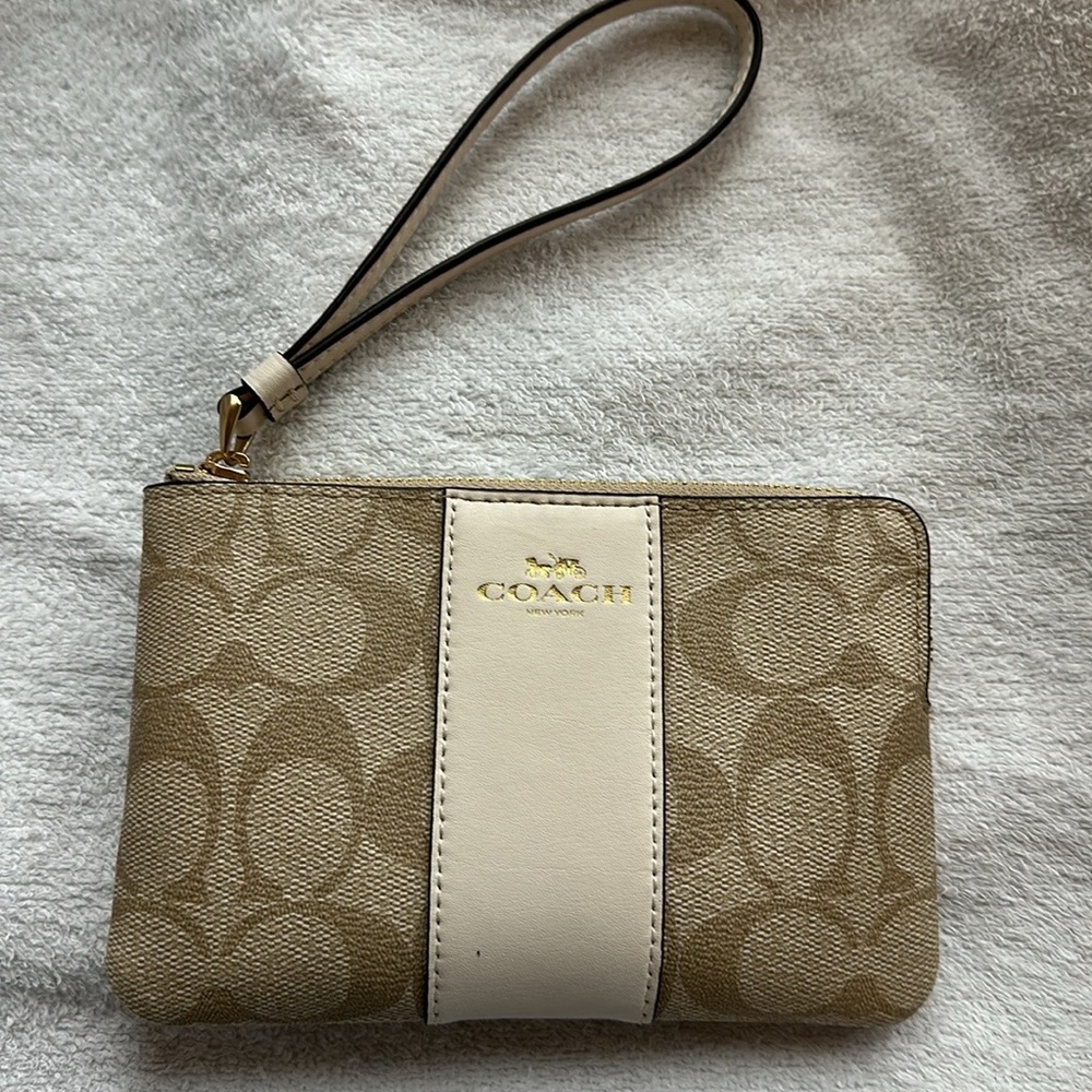 COACH Khaki chalk signature stripe wristlet wallet clutch NEW